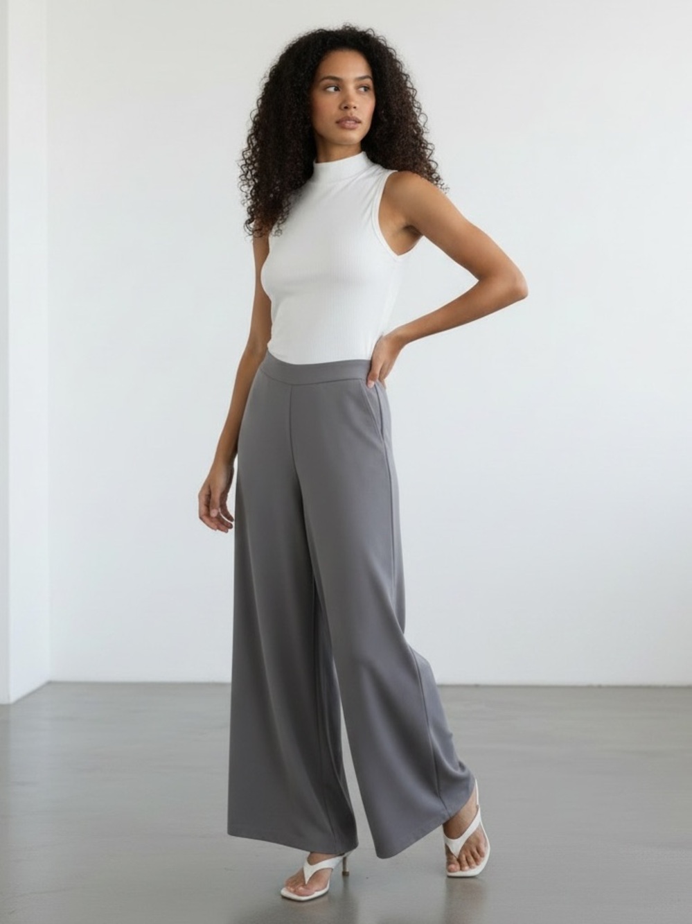 593 • Coastal Grey Wide Leg Cool Draped Trousers